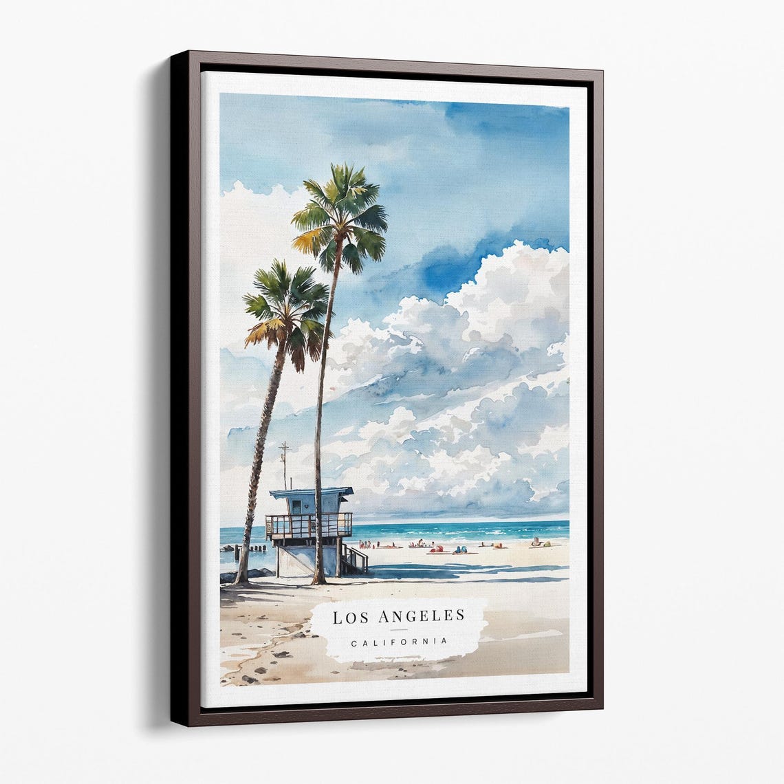 Los Angeles Beach Lifeguard Tower Palms Watercolor Travel Poster