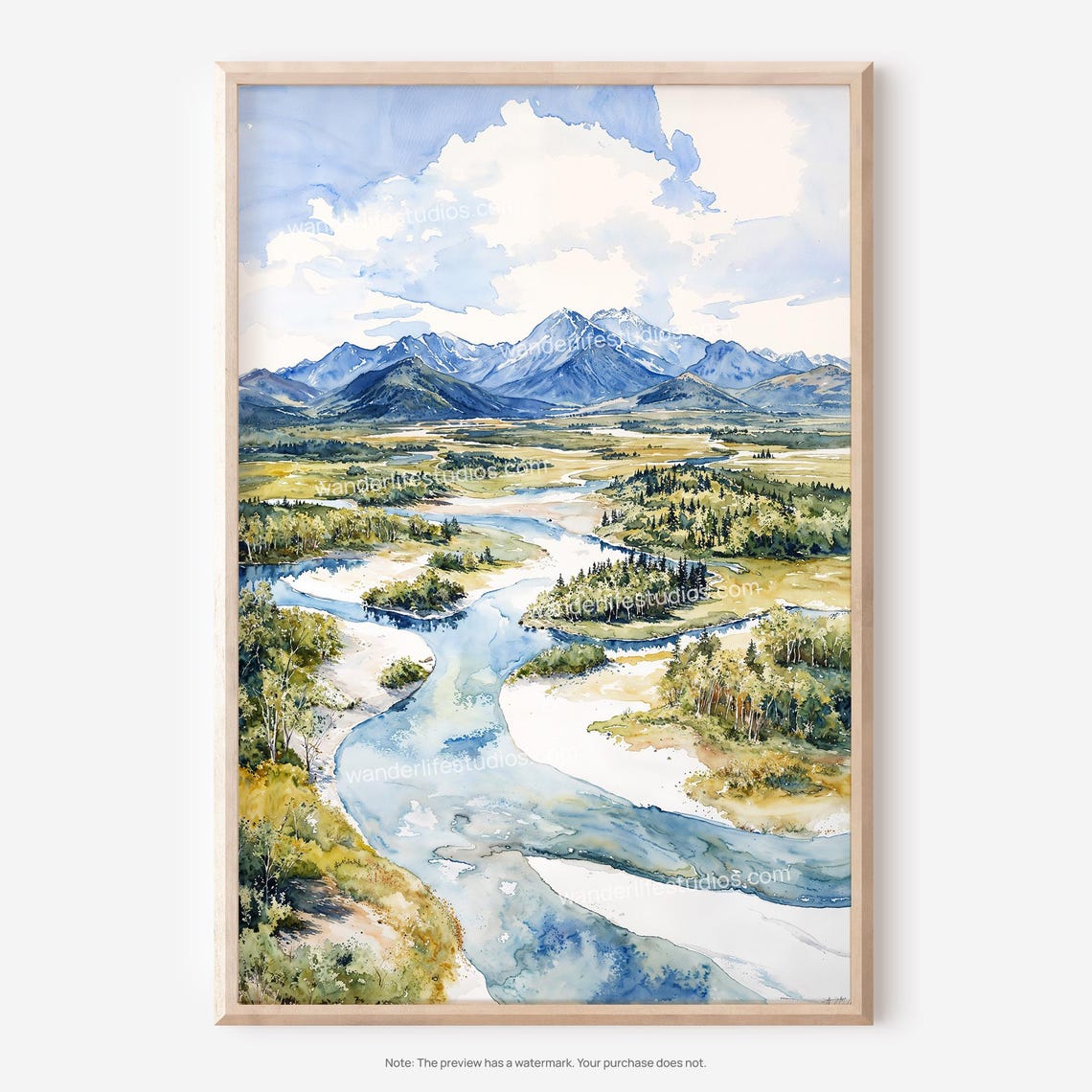 Kobuk Valley Alaska Winding River Mountain Watercolor Landscape Poster