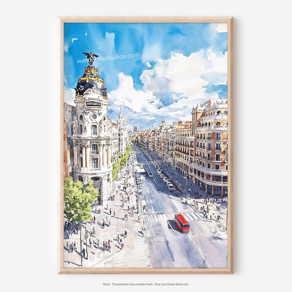 Madrid Cityscape Wall Art Watercolor Style For Easy Printing