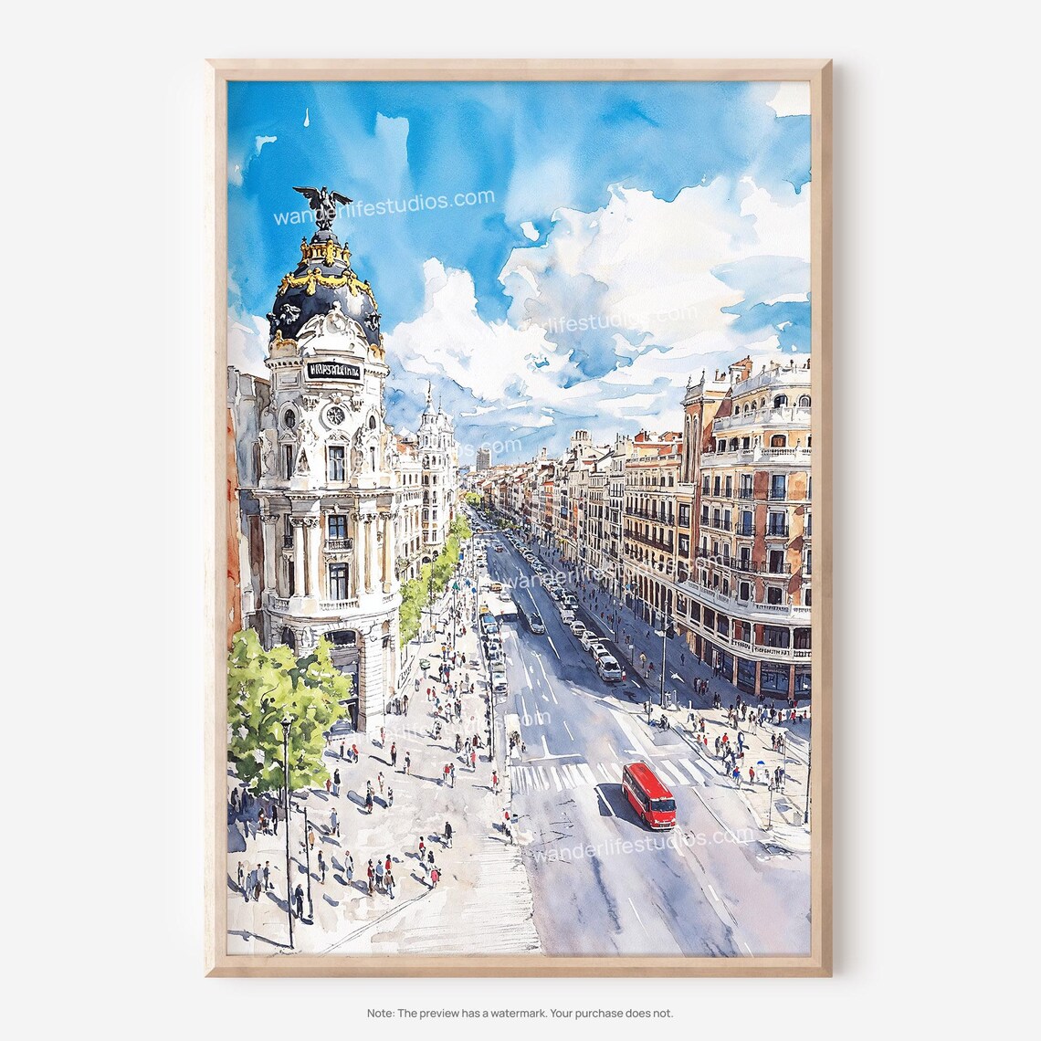 Madrid Cityscape Wall Art Watercolor Style For Easy Printing