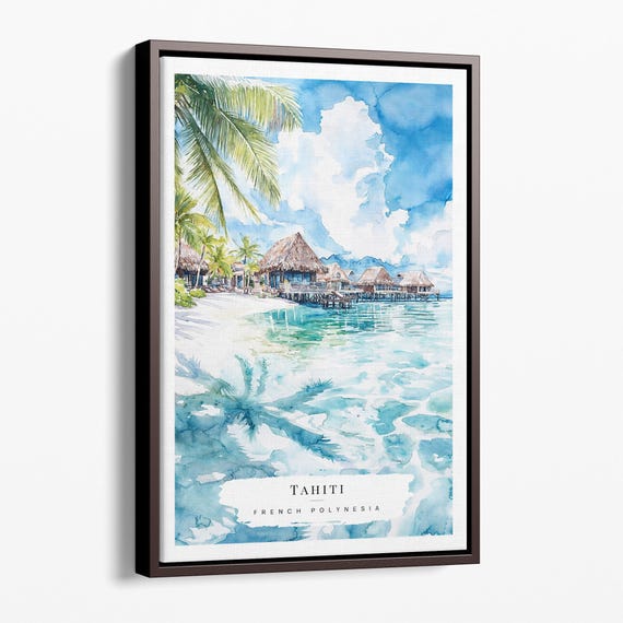 Tahiti Watercolor Canvas Art Print Tropical Beach Scene With Palm Trees