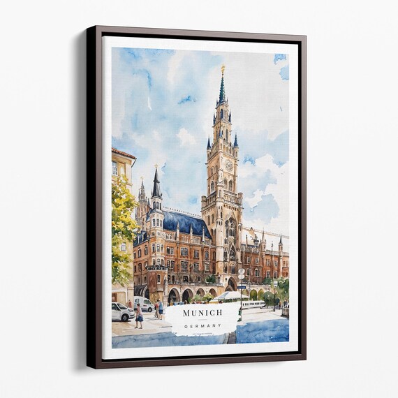 Munich Watercolor Canvas Print Marienplatz Cityscape Wall Art