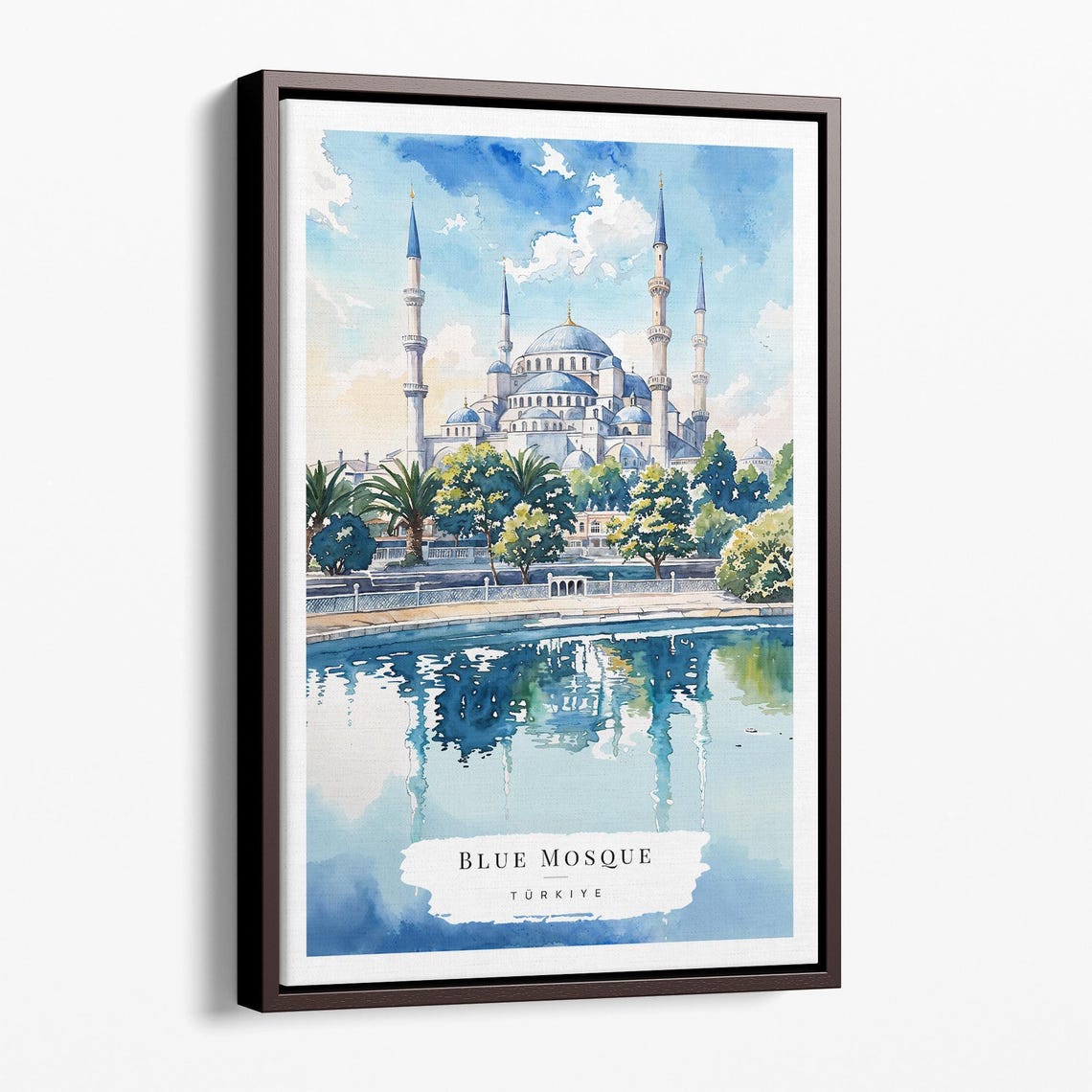 Blue Mosque Turkiye Watercolor Lake Reflection Travel Poster