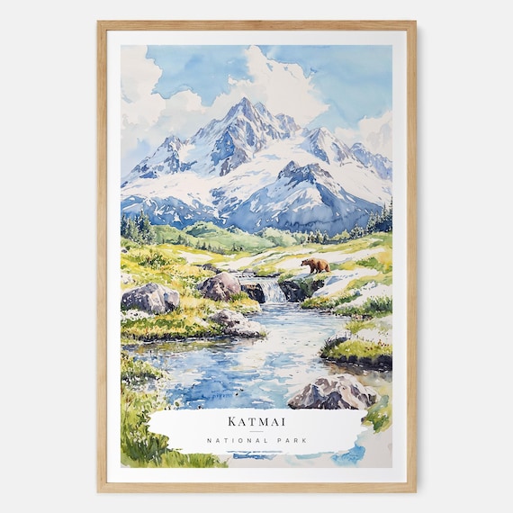 Katmai National Park Brown Bear Stream Watercolor Wildlife Poster
