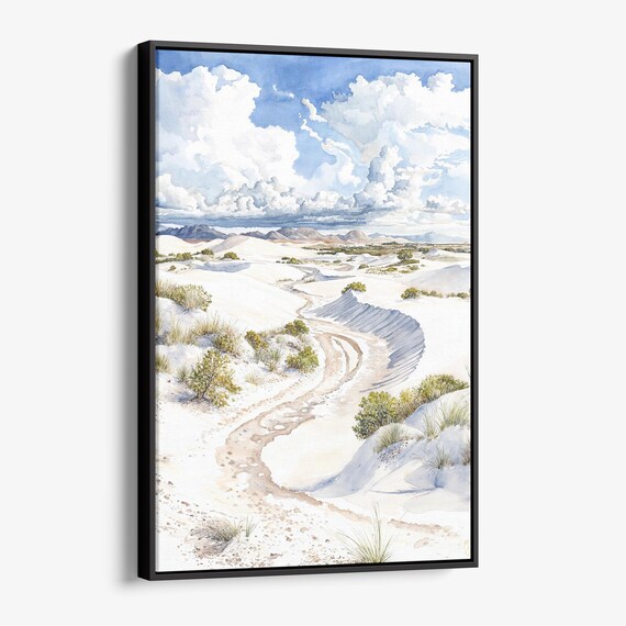 White Sand Desert Dunes Mesas Big Sky Watercolor Landscape Poster