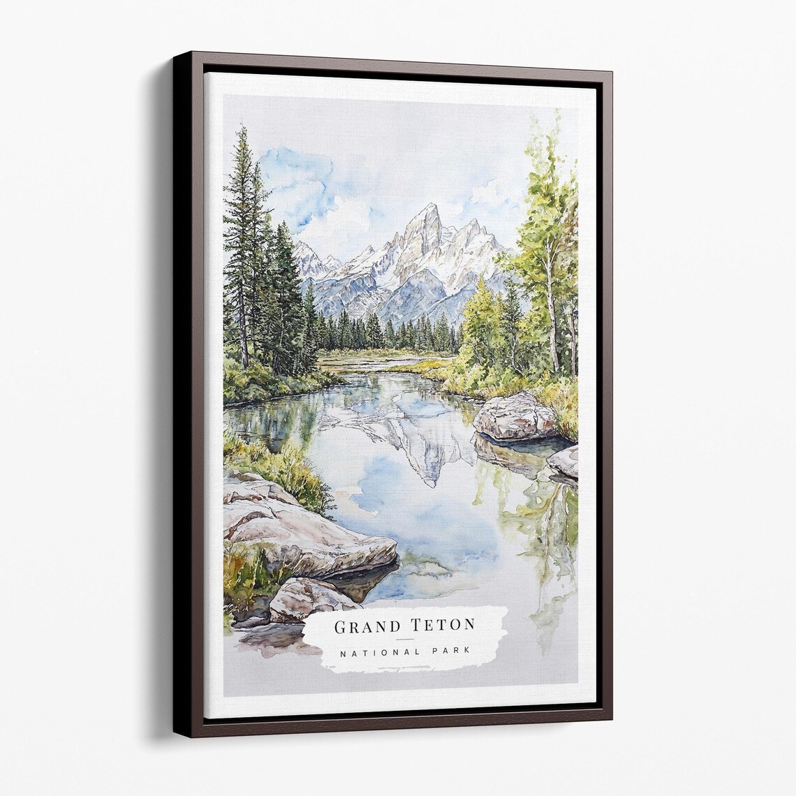 Grand Teton National Park Mountain Reflection Watercolor Poster