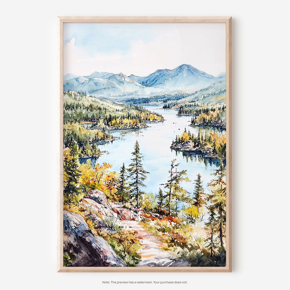 Adirondack Mountains Lake Autumn Watercolor Landscape Poster