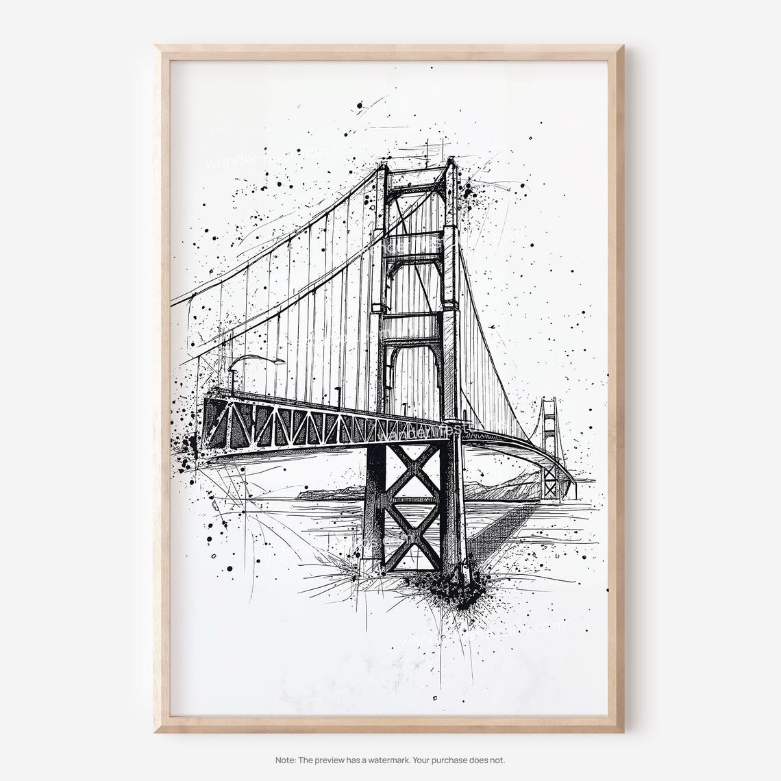 Golden Gate Bridge San Francisco Ink Sketch Black White Poster
