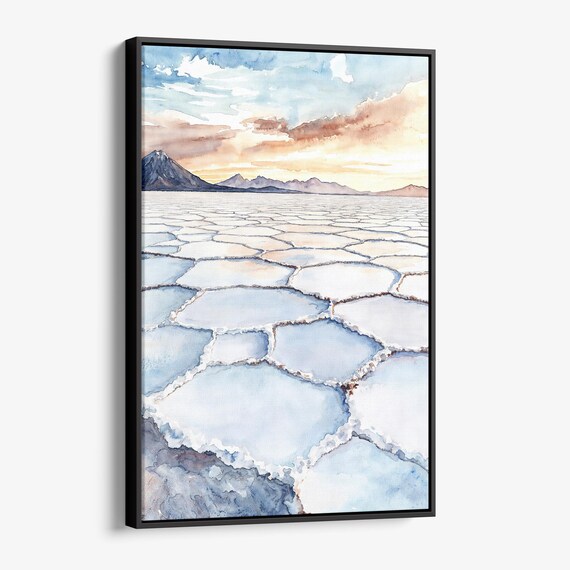Salt Flat Hexagon Patterns Watercolor Landscape Sunset Mountains Poster