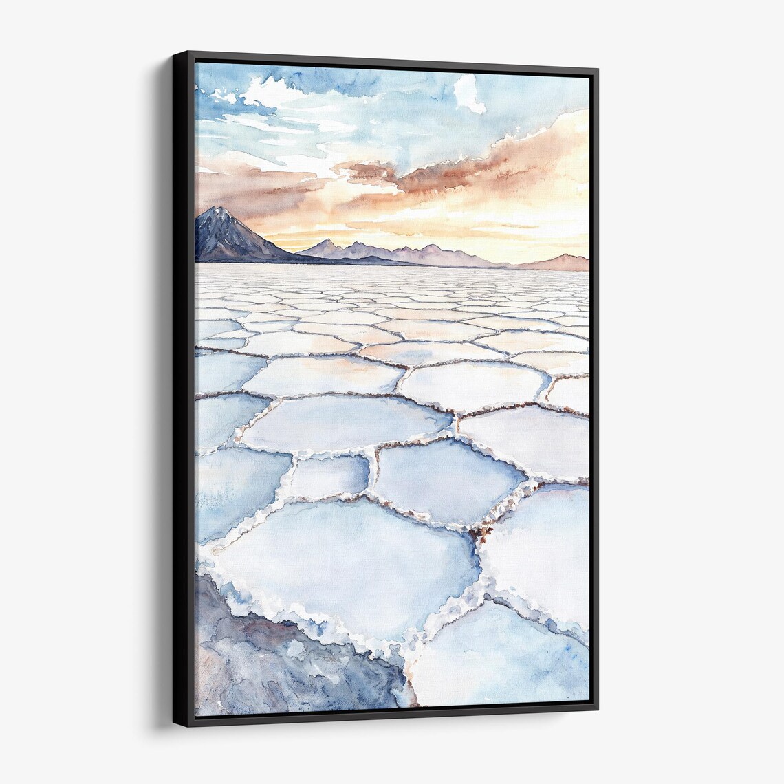 Salt Flat Hexagon Patterns Watercolor Landscape Sunset Mountains Poster