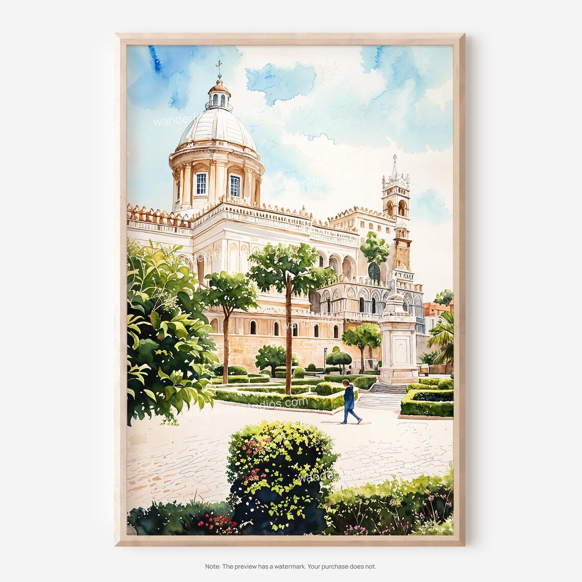 Palermo Cathedral Sicily Watercolor Historic Landmark Poster