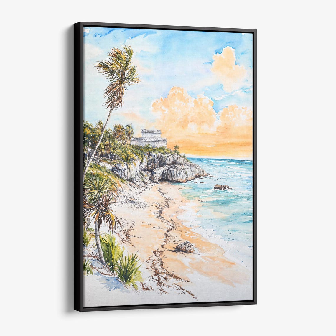 Tulum Mexico Ancient Ruins Beach Cliff Sunset Watercolor Poster