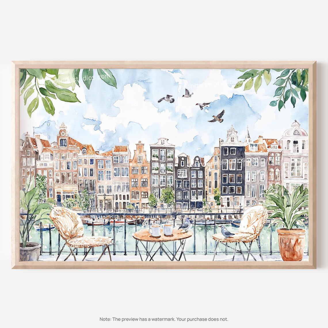 Amsterdam Canal with Historic Gabled Houses Watercolor Travel Poster