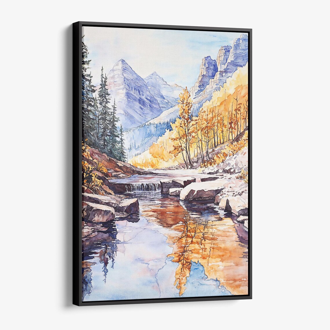 Autumn Mountain Lake Golden Aspens Watercolor Landscape Poster