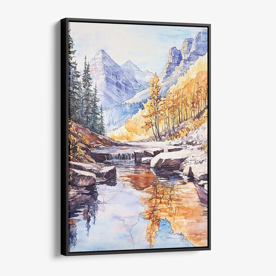Autumn Mountain Lake Golden Aspens Watercolor Landscape Poster