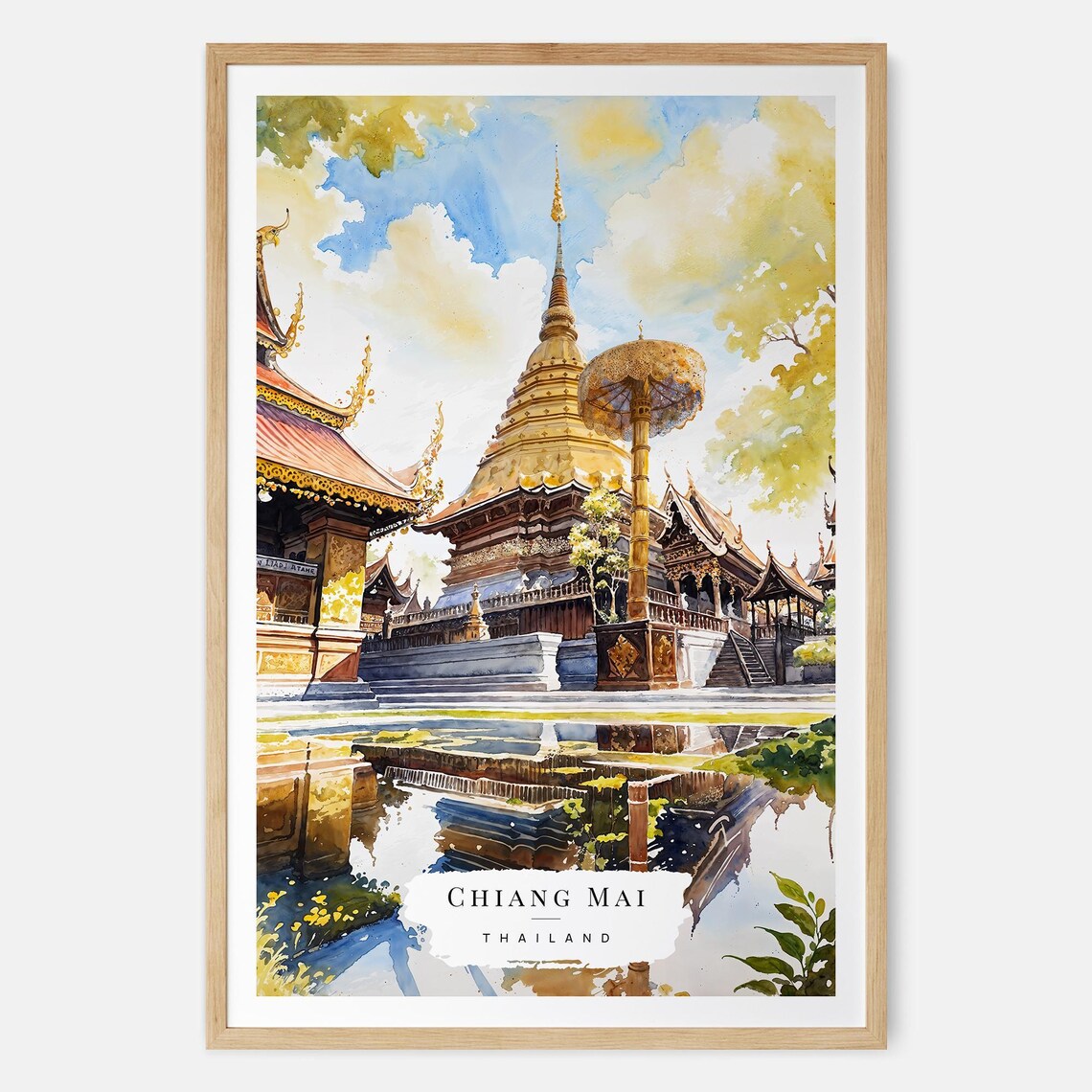 Chiang Mai Thailand Golden Temple Stupa Watercolor Travel Poster