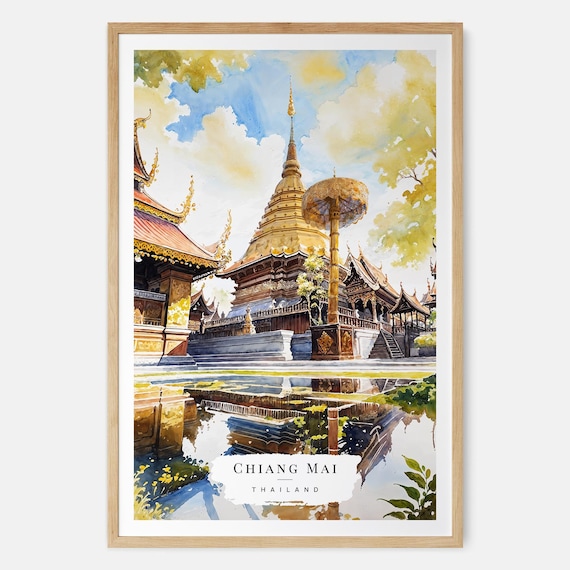 Chiang Mai Thailand Golden Temple Stupa Watercolor Travel Poster