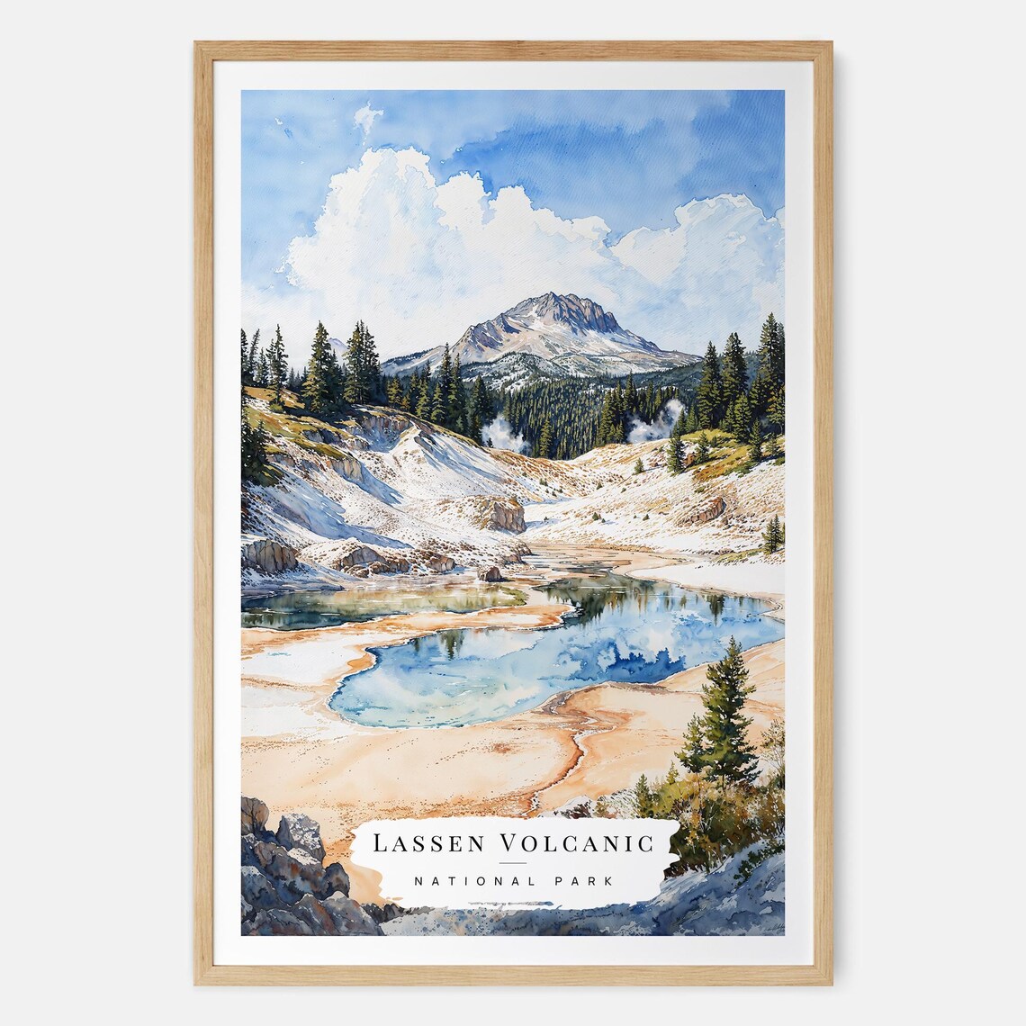 Lassen Volcanic National Park Thermal Pools Snowy Peak Watercolor Poster