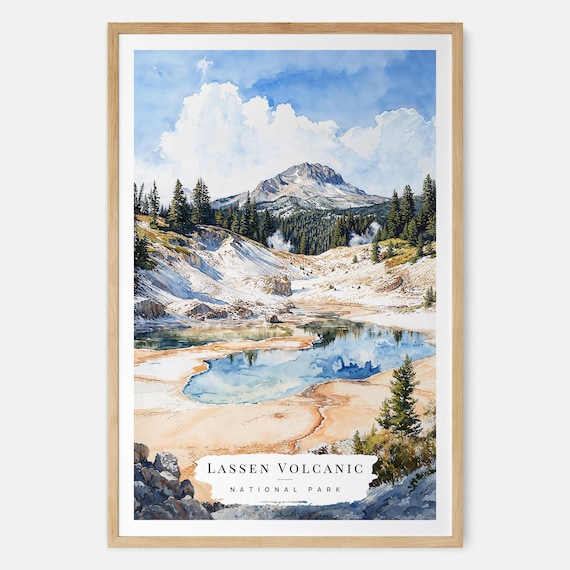 Lassen Volcanic National Park Thermal Pools Snowy Peak Watercolor Poster