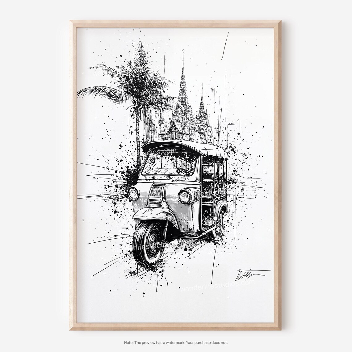 Thailand Tuk Tuk Temple Ink Drawing Sketch Art Travel Poster