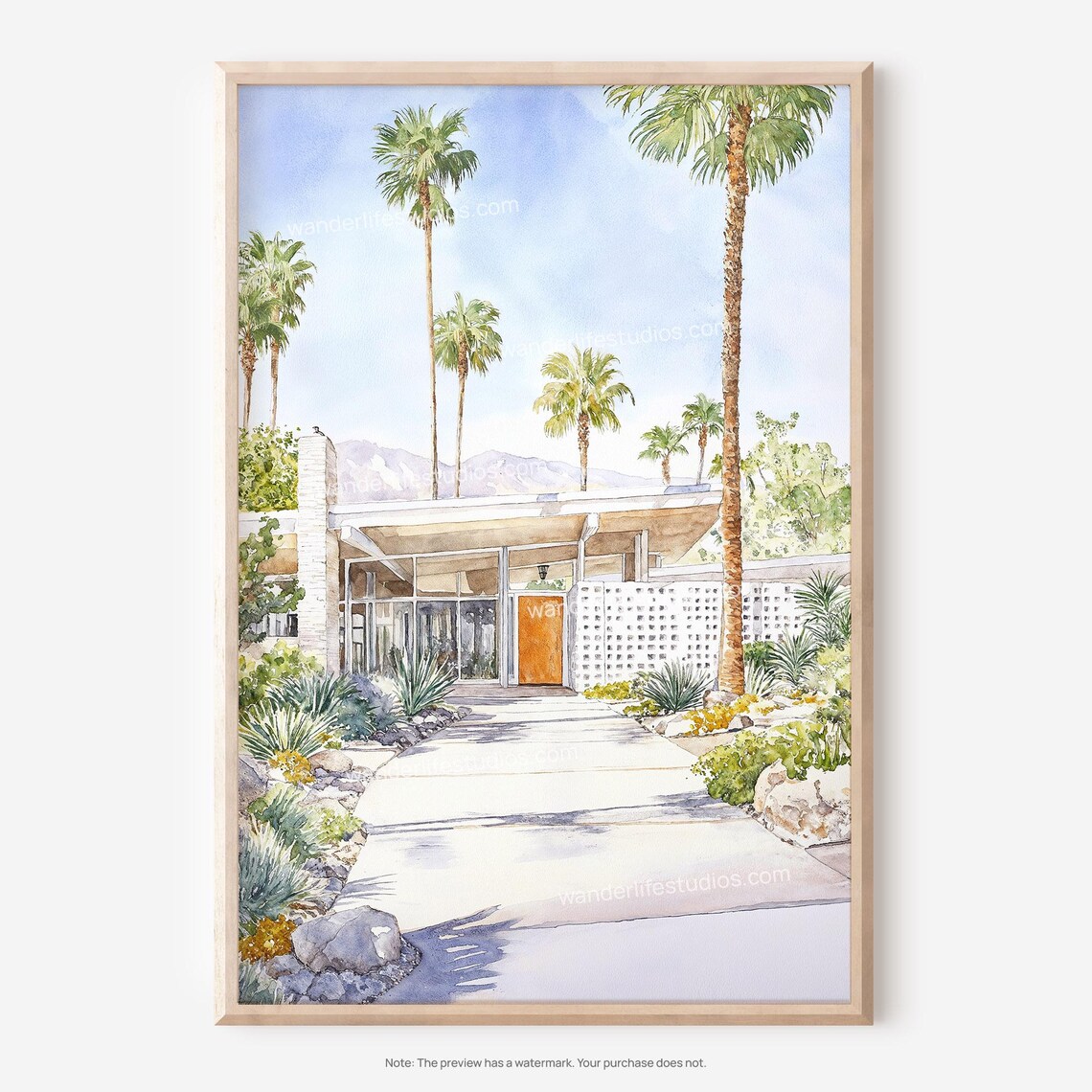 Palm Springs Mid Century Home Palms Orange Door Watercolor Poster