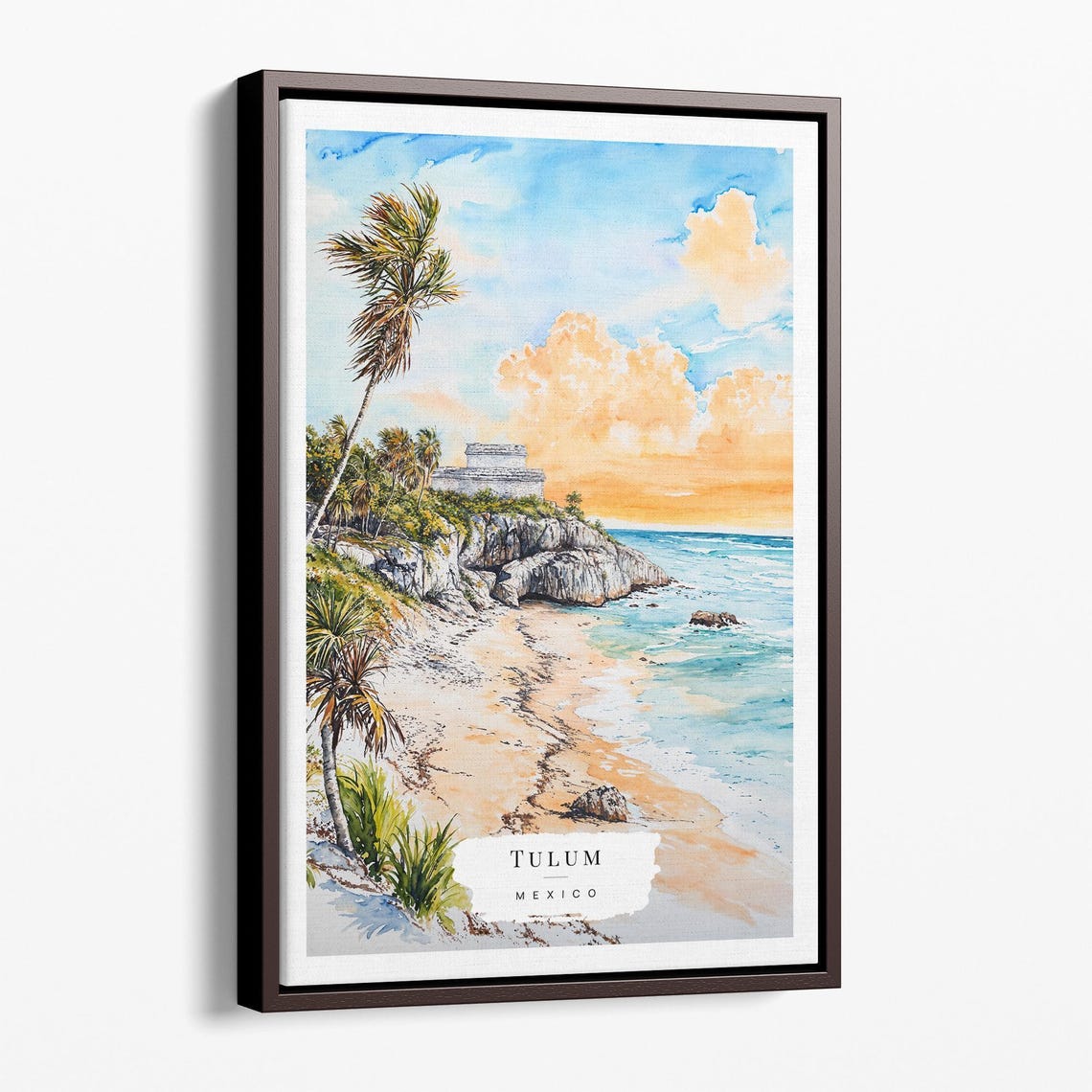 Tulum Mexico Watercolor Mayan Ruins Cliffs Sunset Beach Art Poster