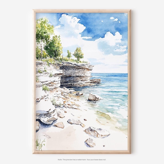 Rocky Lakeshore Cliffs Coastal Watercolor Shoreline Scene Poster