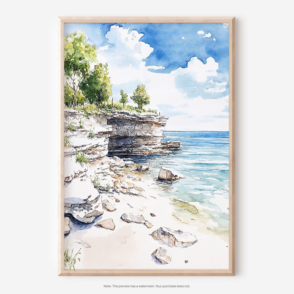 Rocky Lakeshore Cliffs Coastal Watercolor Shoreline Scene Poster