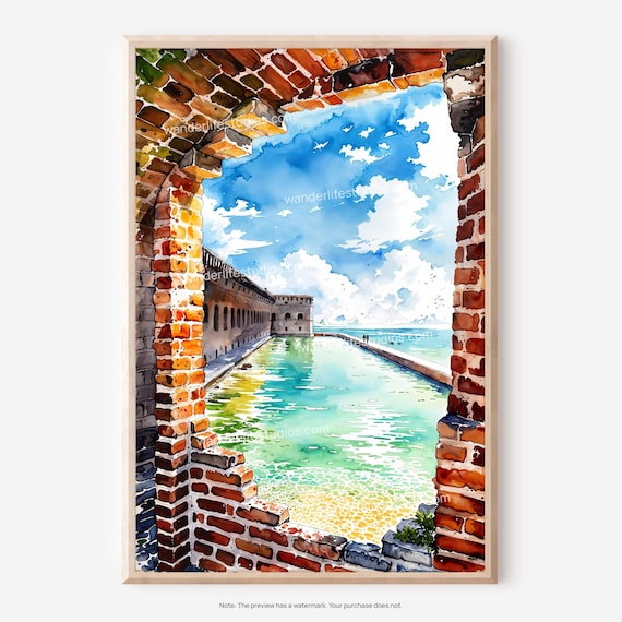 Dry Tortugas Fort Jefferson Brick Ruin Turquoise Watercolor Poster