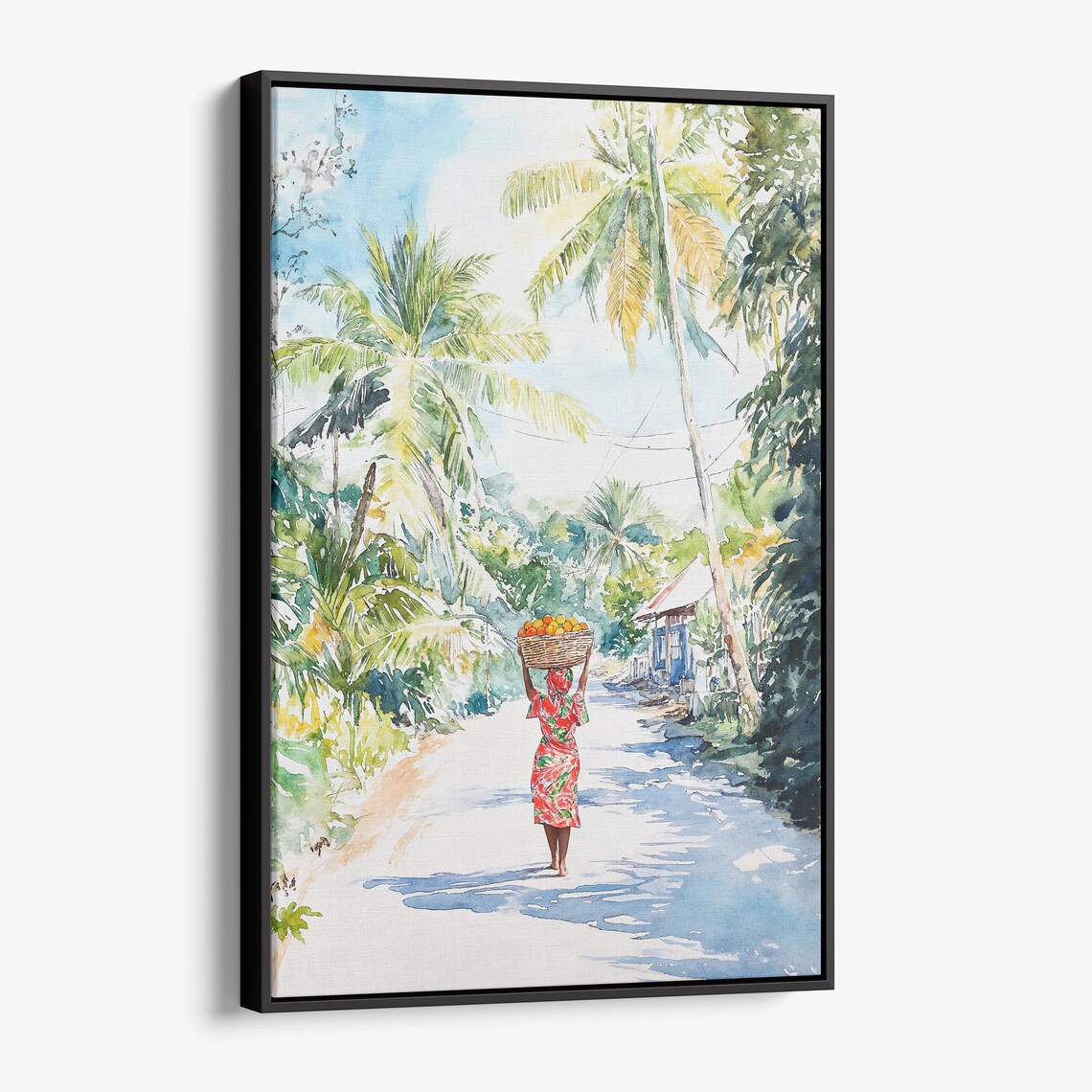 Jamaica Village Woman Fruit Basket Tropical Road Watercolor Wall Art