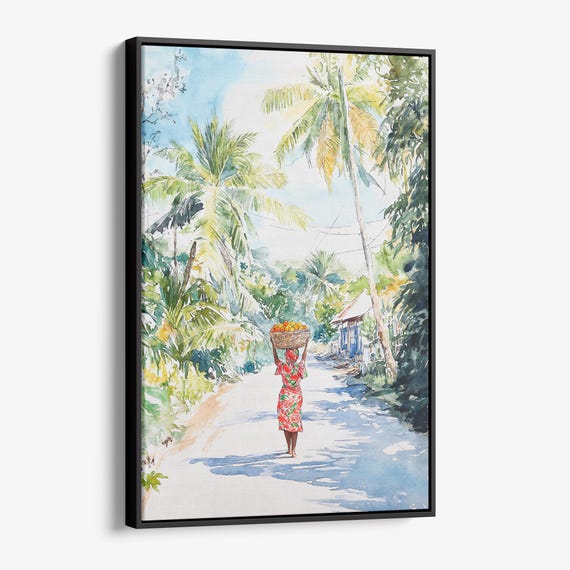 Jamaica Watercolor Canvas Print Tropical Village Scene With Palm Trees