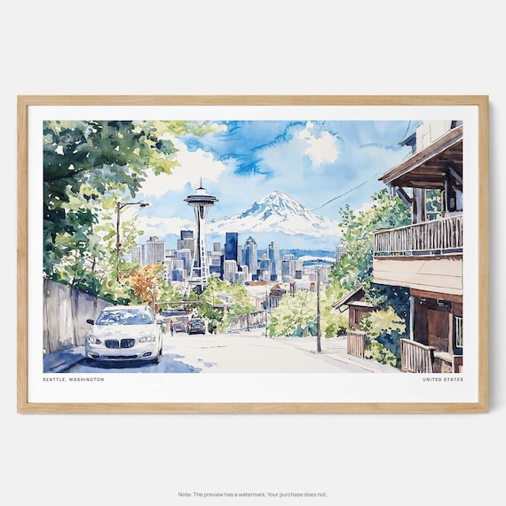 Seattle Skyline Watercolor Art Print Urban Landscape Wall Decor