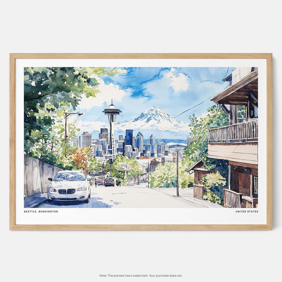 Seattle Skyline Watercolor Art Print Urban Landscape Wall Decor