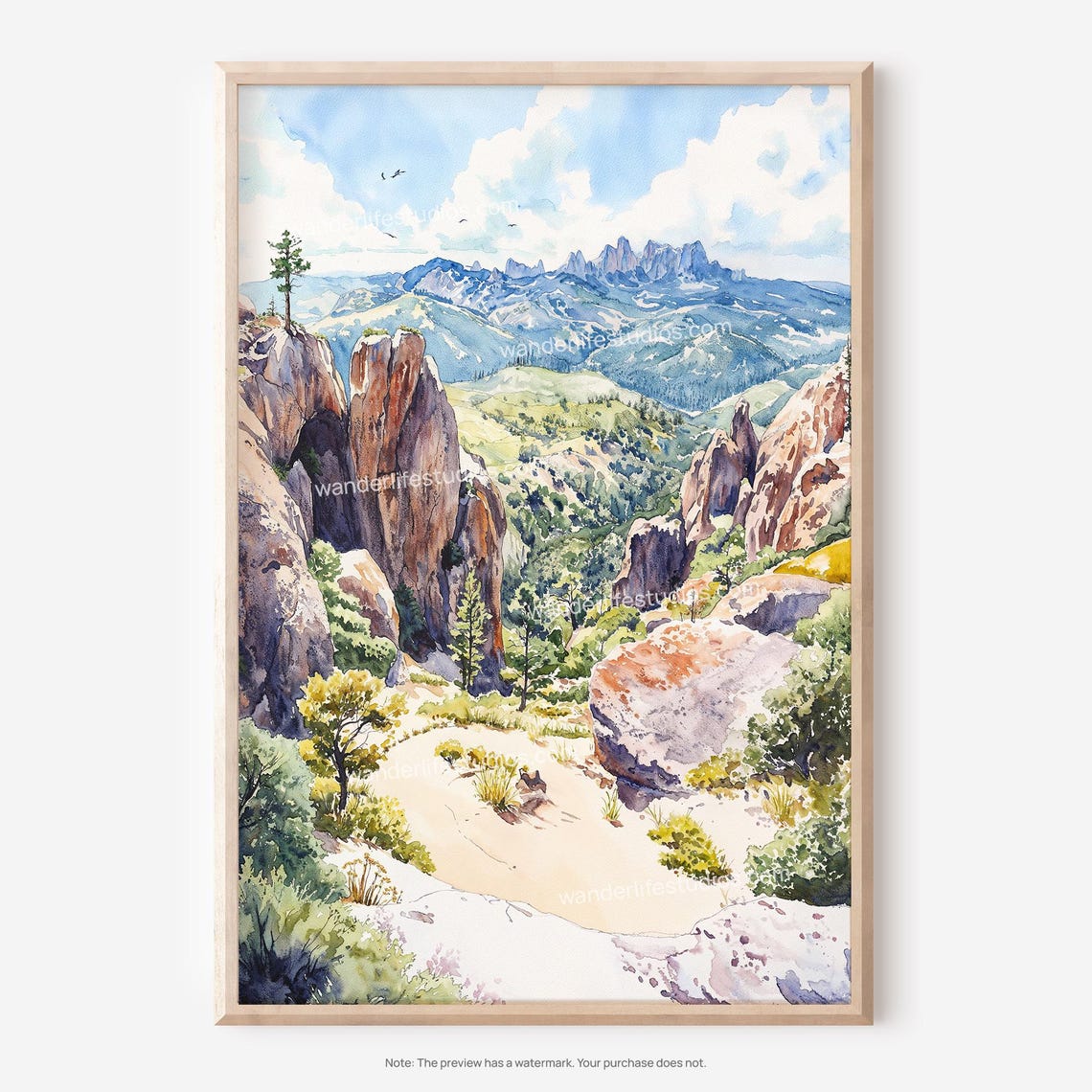 Pinnacles National Park Rocky Peaks Valley Watercolor Poster