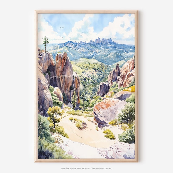 Pinnacles National Park Rocky Peaks Valley Watercolor Poster