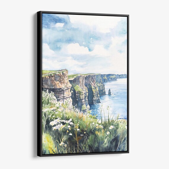 Cliffs of Moher Ireland Wildflowers Watercolor Coast Wall Art