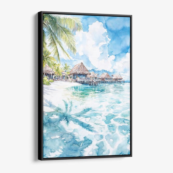 Tahiti Watercolor Canvas Print Tropical Beach Landscape Wall Art