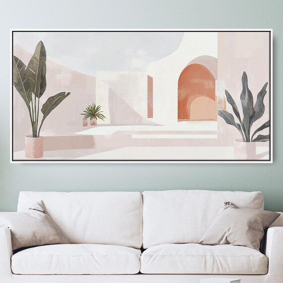 Minimalist Mediterranean Canvas Art Print Abstract Midcentury Style Wall Decor Large Panorama For Hotel Offices