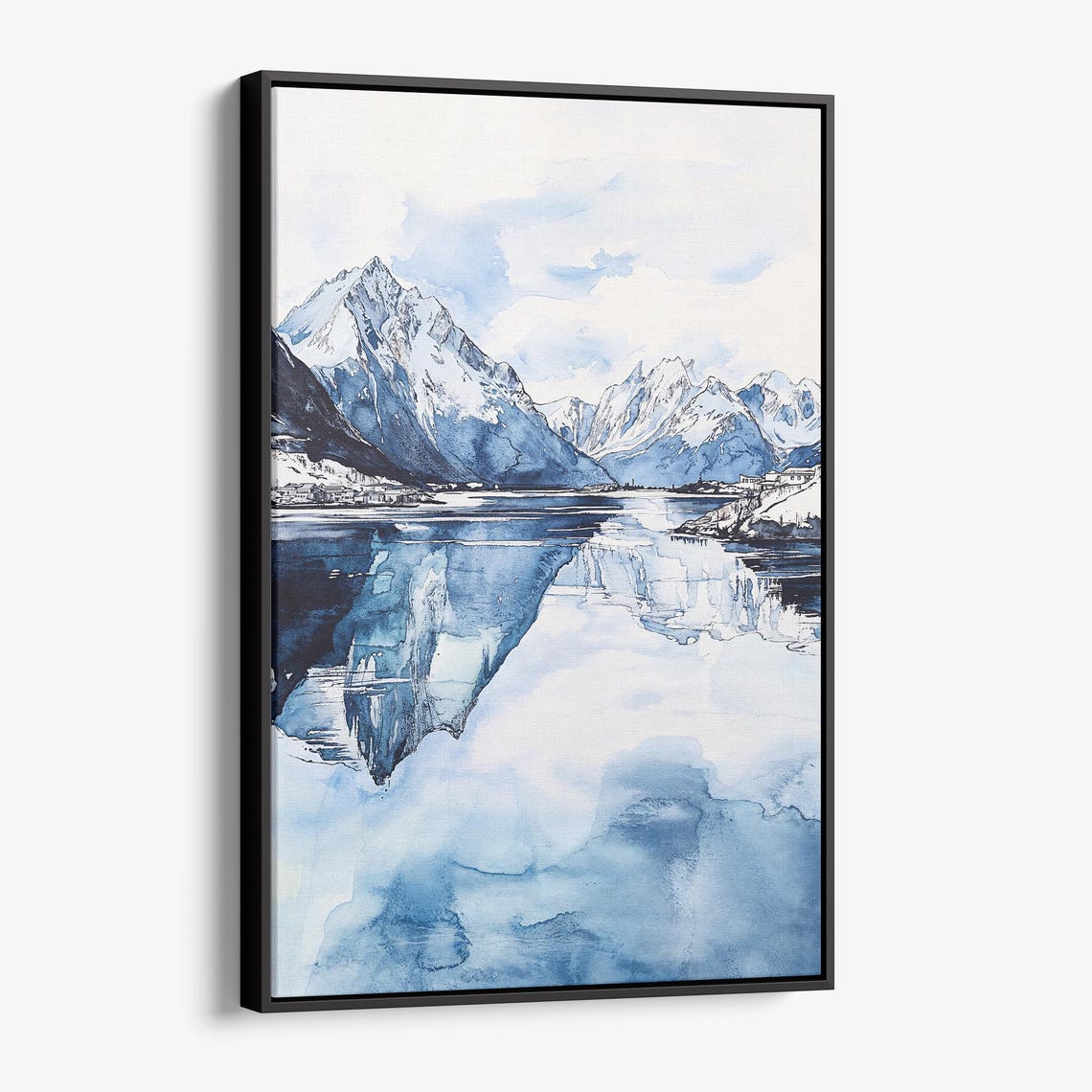 Norway Snowy Mountain Fjord Reflection Blue Watercolor Poster