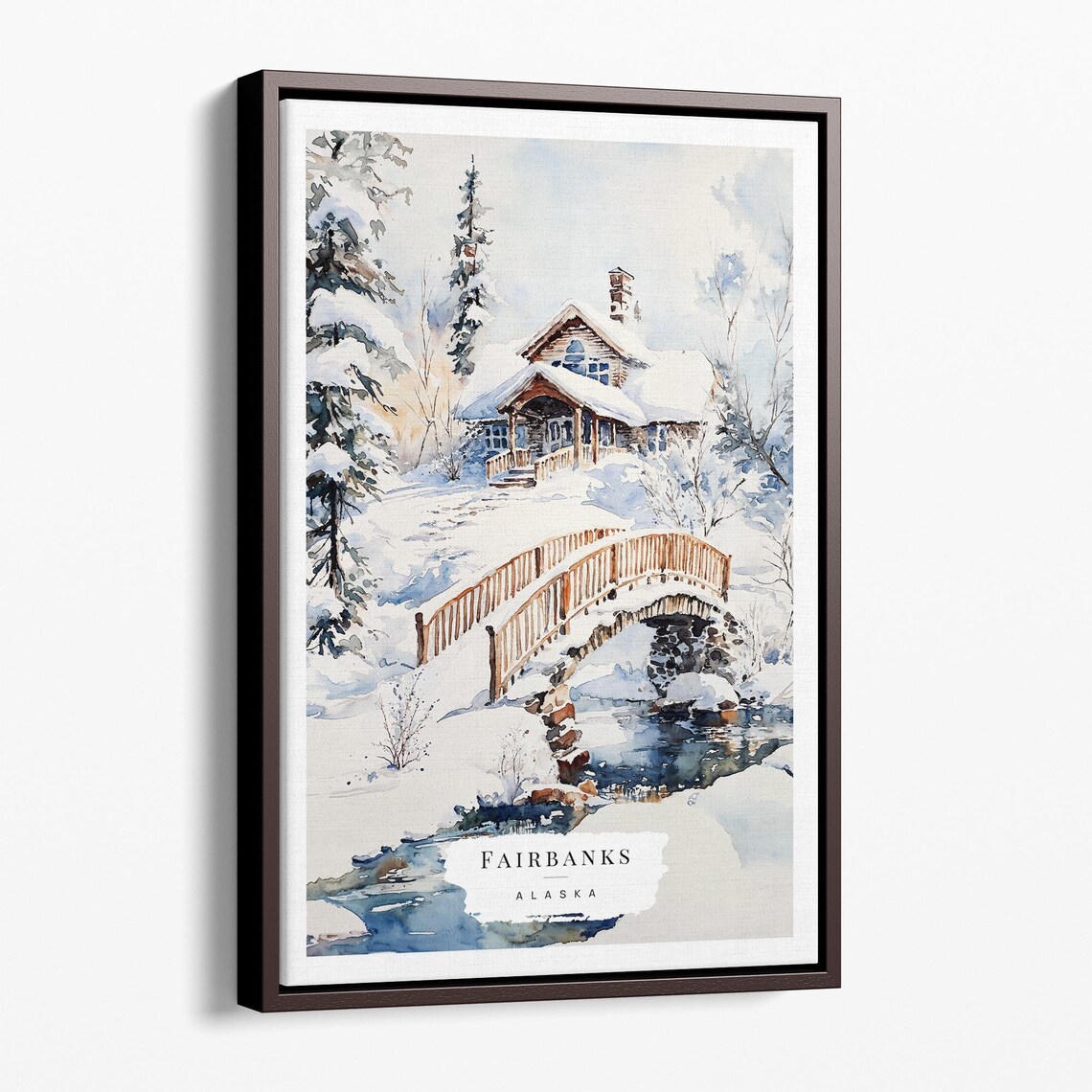 Fairbanks Alaska Winter Cabin Snowy Bridge Watercolor Travel Poster