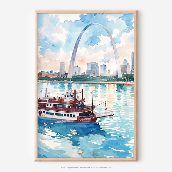 St Louis Gateway Arch Riverboat Mississippi Watercolor Poster
