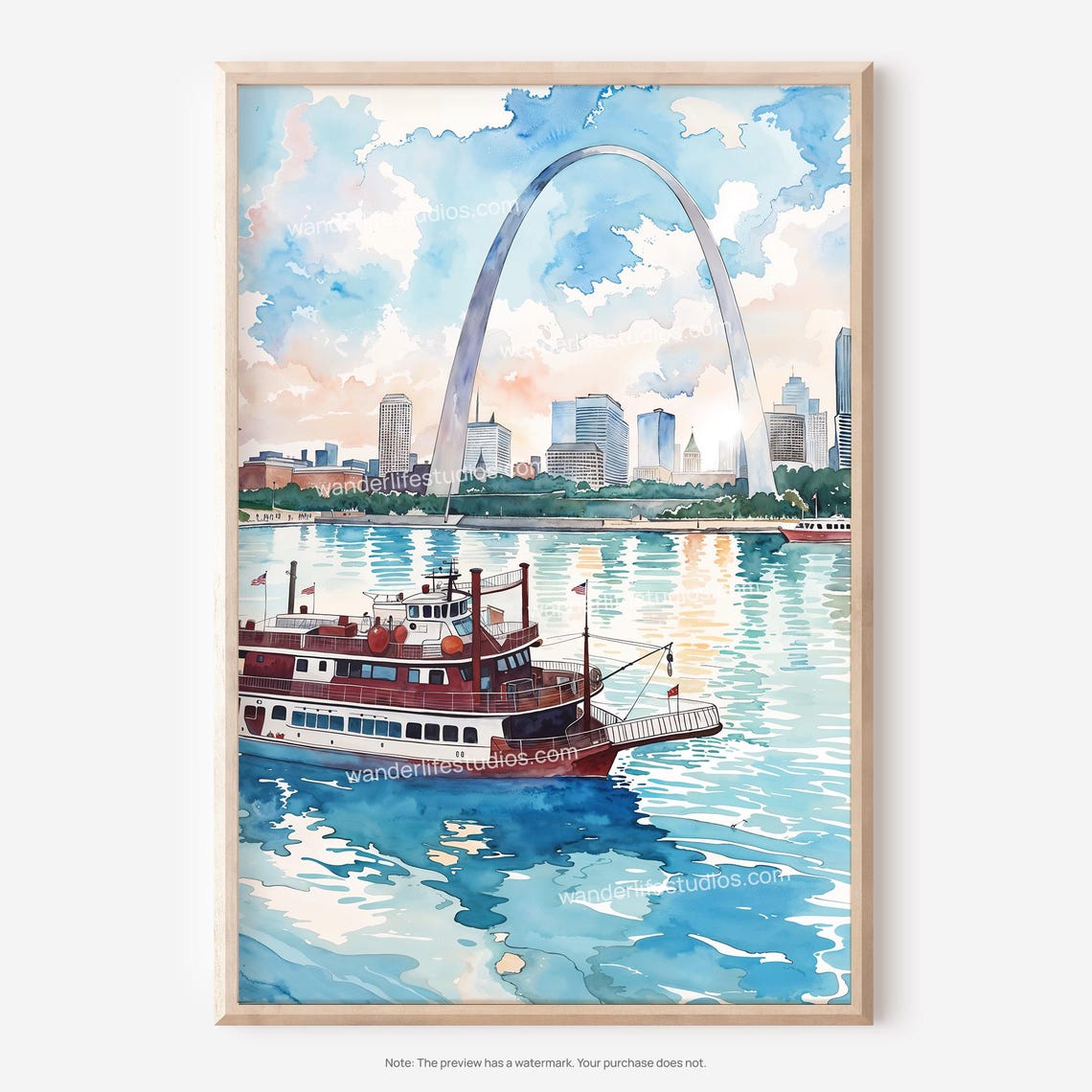 St Louis Gateway Arch Riverboat Mississippi Watercolor Poster