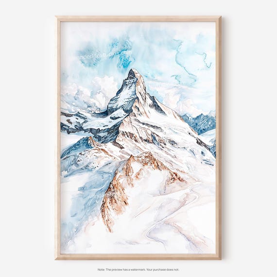 Matterhorn Mountain Wall Art Watercolor Style Print