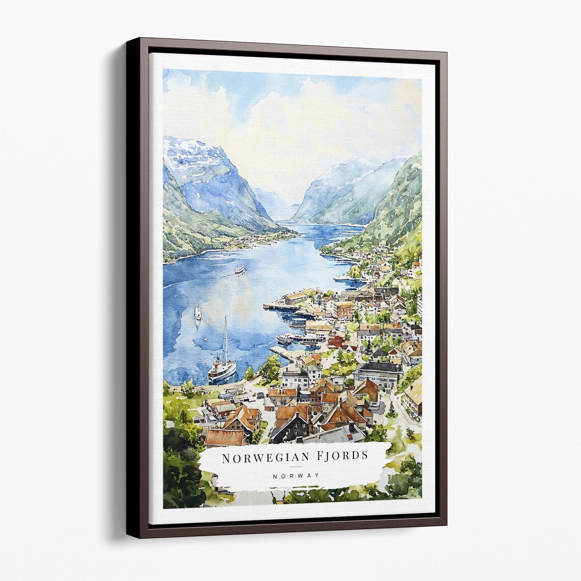 Norwegian Fjords Norway Fjord Town Boats Mountains Watercolor Poster