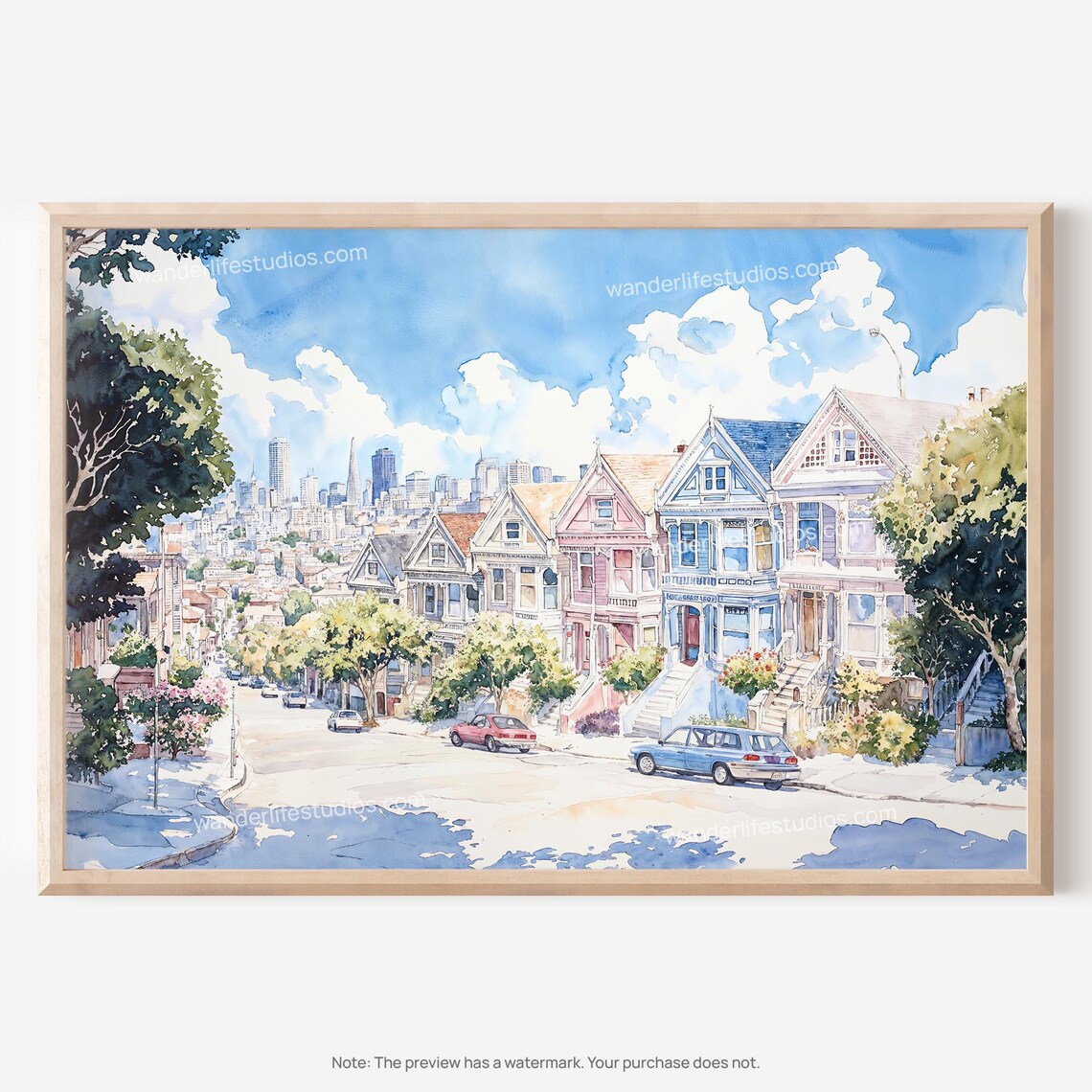 San Francisco Painted Ladies Victorian Houses Watercolor City Poster