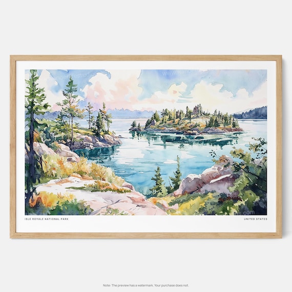 Isle Royale National Park Watercolor Lake Island Pine Poster