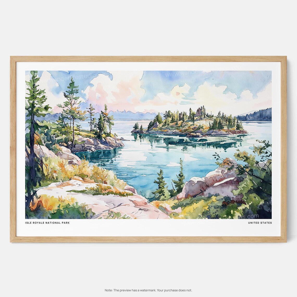 Isle Royale National Park Watercolor Lake Island Pine Poster