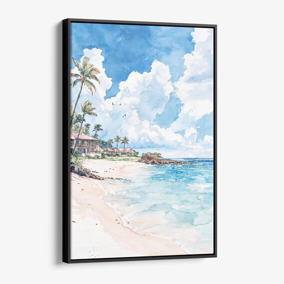 Sunny Tropical Beach Watercolor Palm Trees Seaside Cove Poster