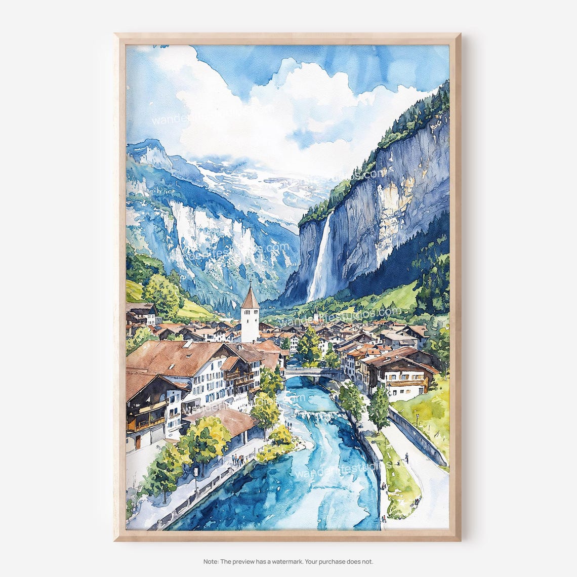 Lauterbrunnen Swiss Alpine Valley Waterfall Village Watercolor Poster