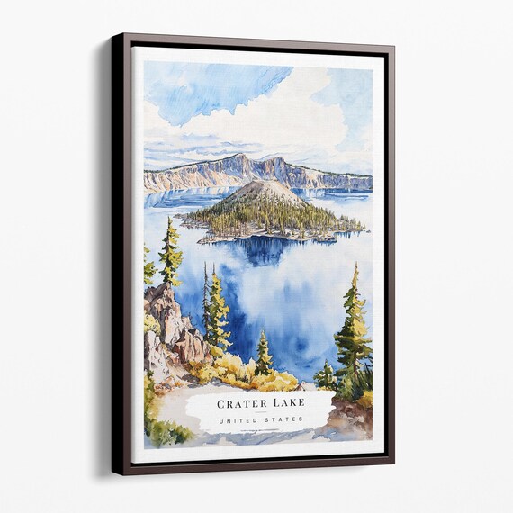 Crater Lake United States Wizard Island Watercolor Travel Poster